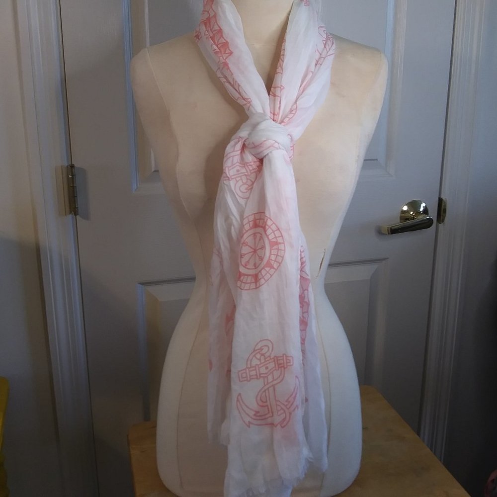 Coral Nautical Theme Lightweight Long Scarf | New | Coastal Cruise Gauze